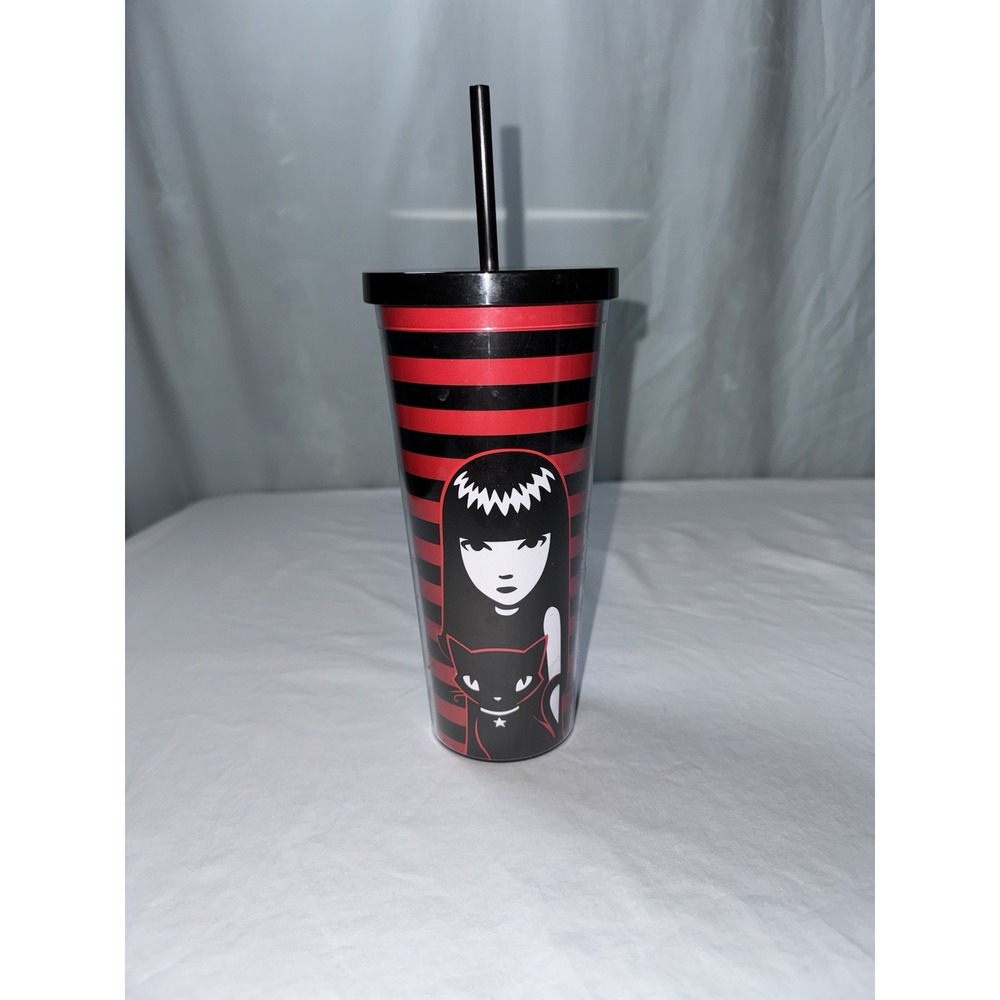 Emily the Strange Red Black Striped Tumbler With Straw Goth Collectible Plastic